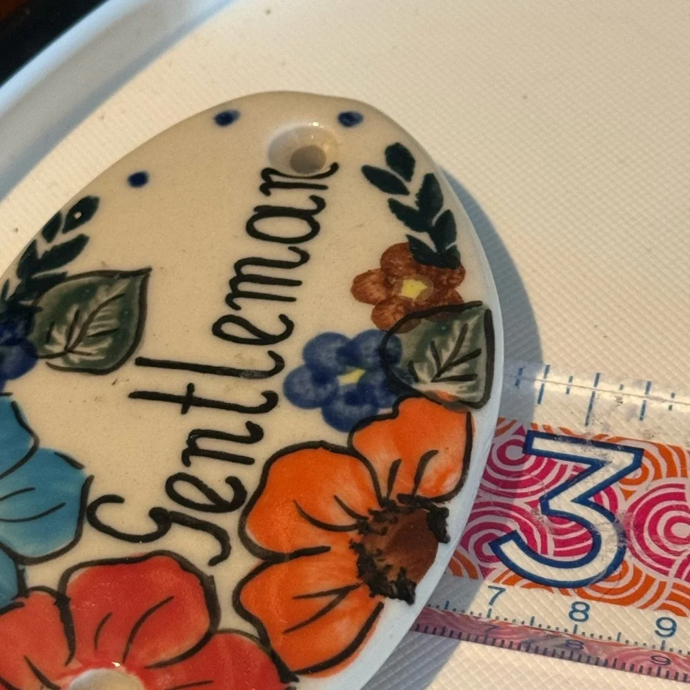 Unikat Polish Pottery “Gentleman” Ceramic Sign, Oval With Flowers, 4.25”